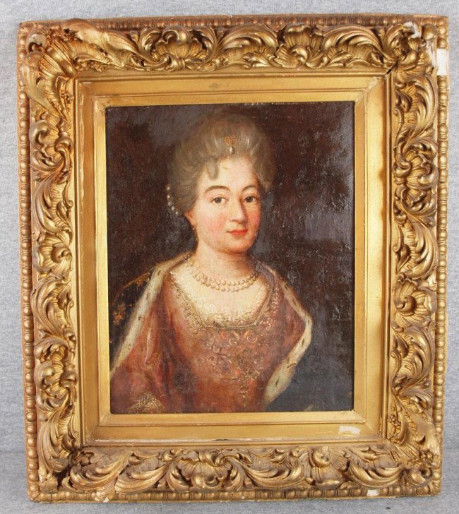 Oil on canvase by Lavinia Fontana (1552-1614) (at: Oil on canvase by Lavinia Fontana (1552-1614) (attributed to), Italian of a portrait of an aristocratic lady wearing a powdered wig adorned with pearls, a double strand of pearls around her neck with 