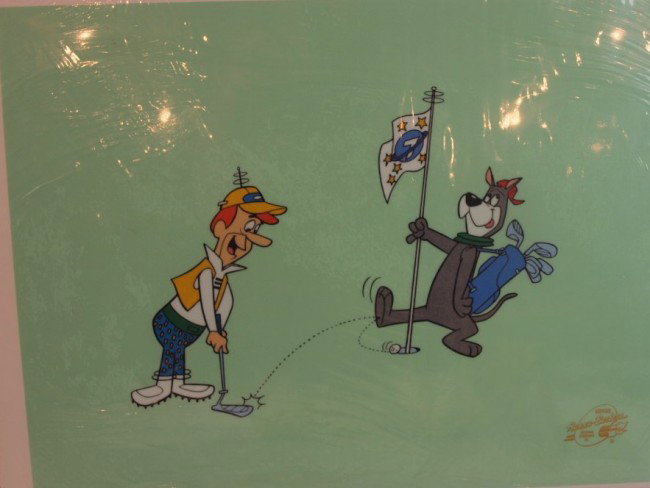 Hanna Barbera cartoon cell with the "Jetsons" with: Hanna Barbera cartoon cell with the "Jetsons" with George Jetson and Elroy titled "Put to the Mutt", 14" x 11"
