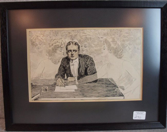 Charles Dana Gibson signed pen and ink on paper ti: Charles Dana Gibson signed pen and ink on paper titled "The Ribicon", a self portrait of Gibson who is well known for the Gibson Girl prints, 13" x 8 1/2", small water stain along edge