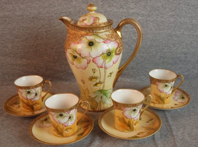 Nippon floral chocolate set with chocolate pot (sp: Nippon floral chocolate set with chocolate pot (spout repair) and 4 cups & saucers