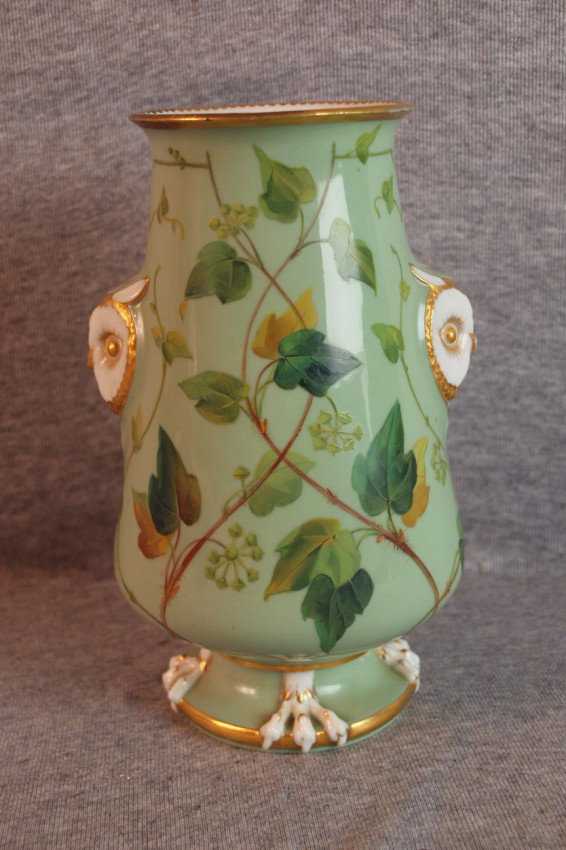 Minton porcelain vase with flowers and owl handles: Minton porcelain vase with flowers and owl handles and feet, 7 1/2"
