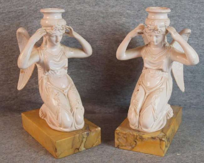 Pair of ceramic kneeling angel candle holders on m: Pair of ceramic kneeling angel candle holders on marble bases , 8 1/2"
