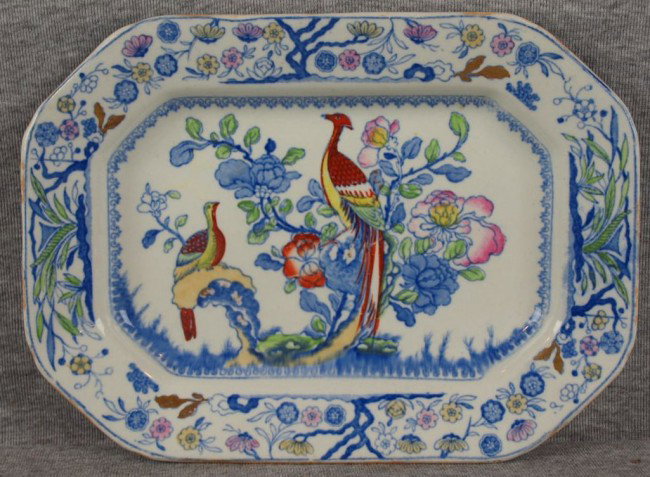 Gaudy Ironstone platter with birds and flowers, Ma: Gaudy Ironstone platter with birds and flowers, Mandy Pat'd , 10 3/4"