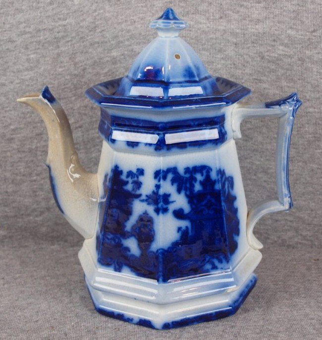 Flow Blue "Temple" teapot, nic to spout: Flow Blue "Temple" teapot, nic to spout