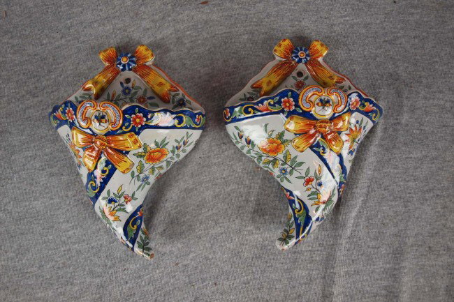 French Faience pair of wall pockets: French Faience pair of wall pockets