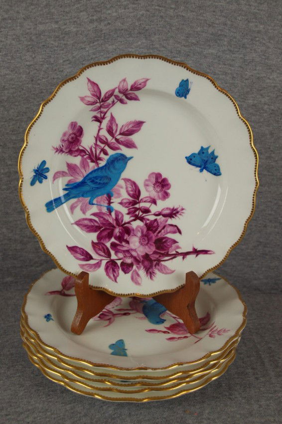 Royal Worcester set of 6-9" plates with birds and: Royal Worcester set of 6-9" plates with birds and butterflies, hairline to one plate