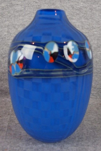 J. Byron studio art glass vase, dark blue with flo: J. Byron studio art glass vase, dark blue with floral motif and acid etching, dated 1988, 6 1/2"