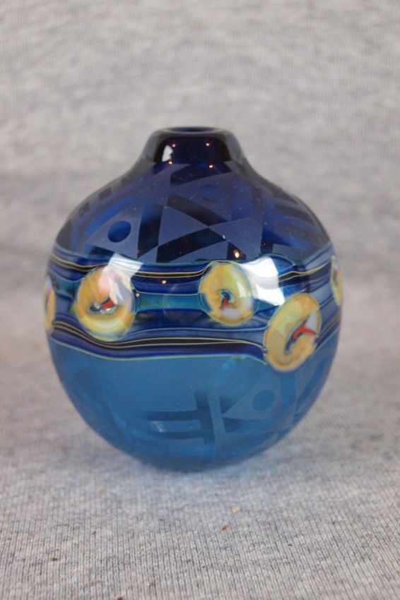 J. Byron studio art glass vase, dark blue with flo: J. Byron studio art glass vase, dark blue with floral motif and acid etching, dated 1992, 3 1/2"