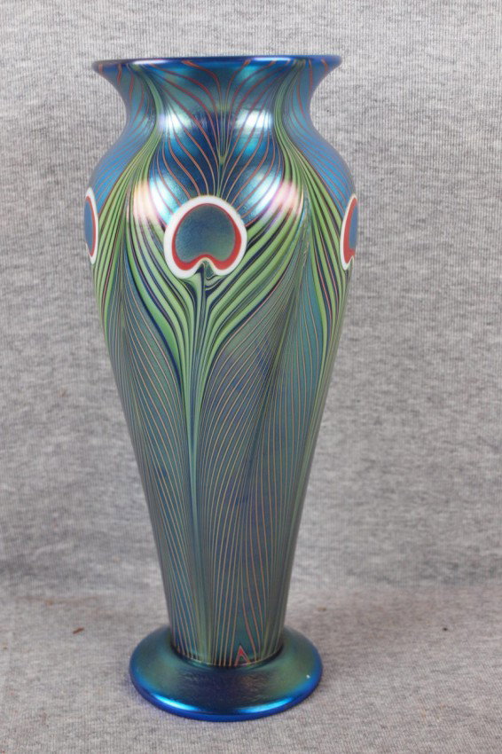 Orient & Plume blue iridescent peacock feather art: Orient & Plume blue iridescent peacock feather art glass vase, 11 1/4"
