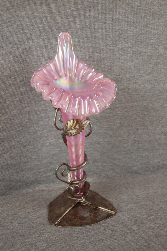 Pink iridescent art glass single lily epergne wit: Pink iridescent art glass single lily epergne with metal holder, 10 1/2"