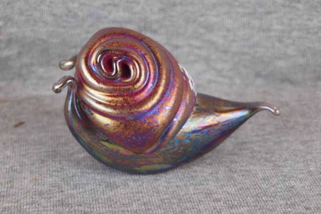 Maurice Heaton art glass iridescent snail paperweig: Maurice Heaton art glass iridescent snail paperweight
