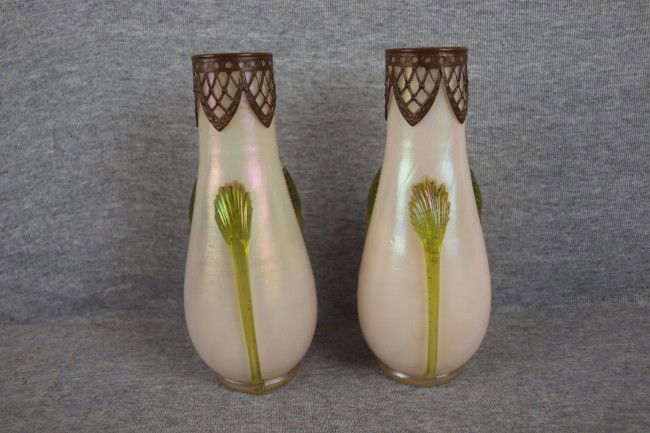 Pair of Loetz (unsigned) art glass iridescent vas: Pair of Loetz (unsigned) art glass iridescent vases with green applied decoration and brass fitted tops, 7 1/2