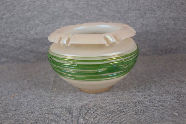 Loetz (unsigned) art glass iridescent bowl with: Loetz (unsigned) art glass iridescent bowl with green threading, 3 3/4"h, 5 1/2"d