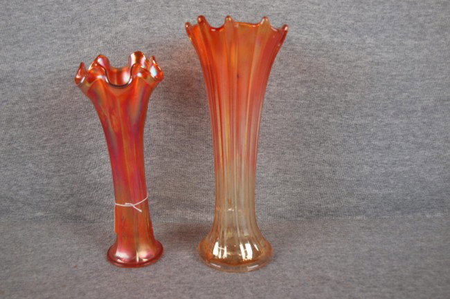 Fenton carnival glass marigold Butterfly & Berry: Fenton carnival glass marigold Butterfly & Berry 9" vase AND Northwood marigold Thin & Wide Rib 10" vase