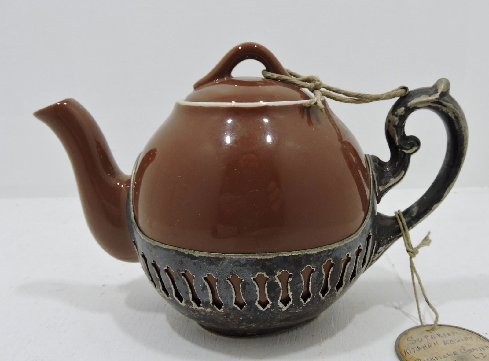 Hall China French teapot, silver base (1 of 2)