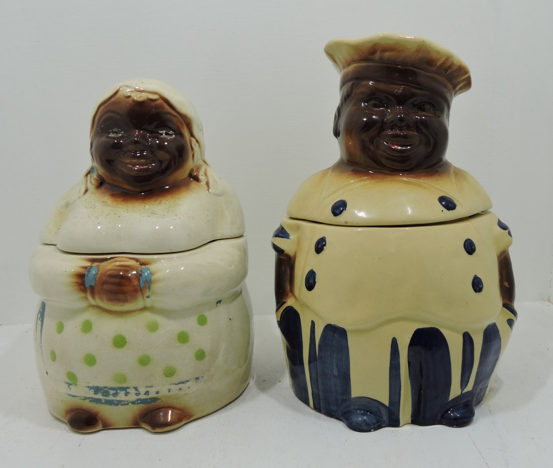 Black Americana lot of 2 cookie jars, one: with rim chip, the other with hairline