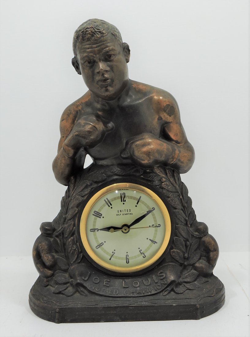 Black Americana 'Joe Lewis World Champion': United Clock Co cast metal clock, 12", works
