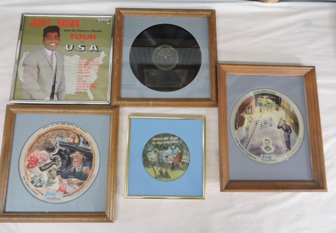 Black Americana lot of 5 framed records:: James Brown Tour the USA album cover, Niggah Loves His Possum by Collins & Harlan, Carry Me Back to Old Virginny / Blue Tail Fly picture record album, 2 Vogue picture records, Shoo Fly Pie & Basin Str