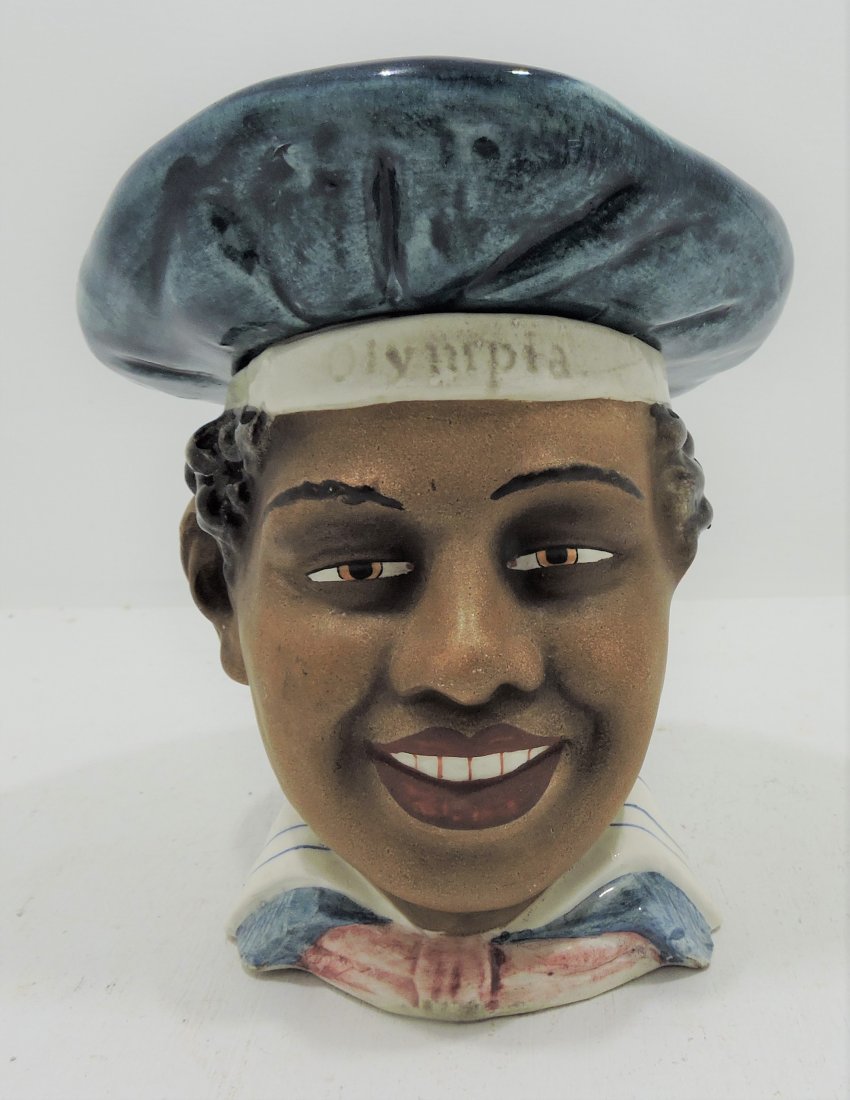 Black Americana majolica 'Olympia' sailor: humidor, 7"