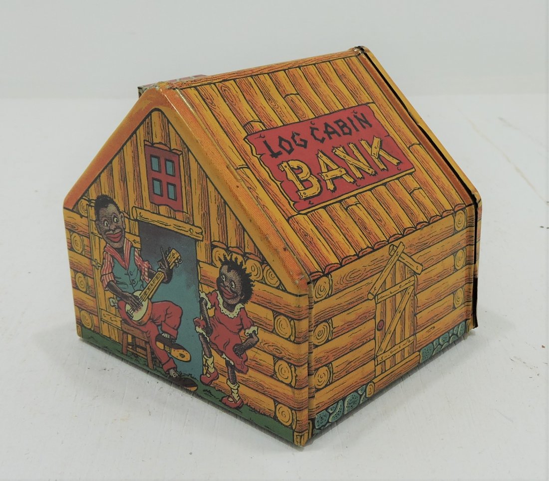Black Americana Chein tin litho log cabin: bank