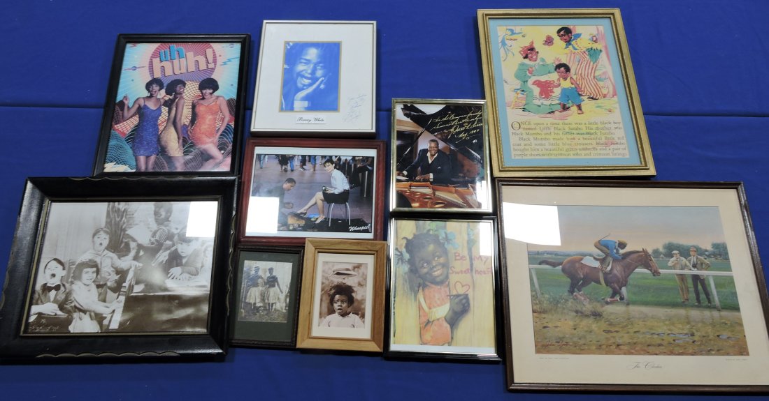 Black Americana lot of 10 framed: articles, 2 autographed photos of Oscar Peterson & Barry White