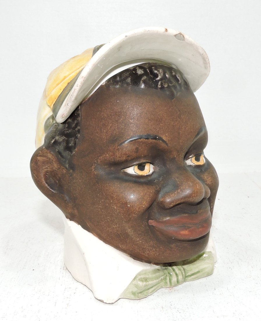 Black Americana majolica jockey: humidor, 5 1/2", nick to hat