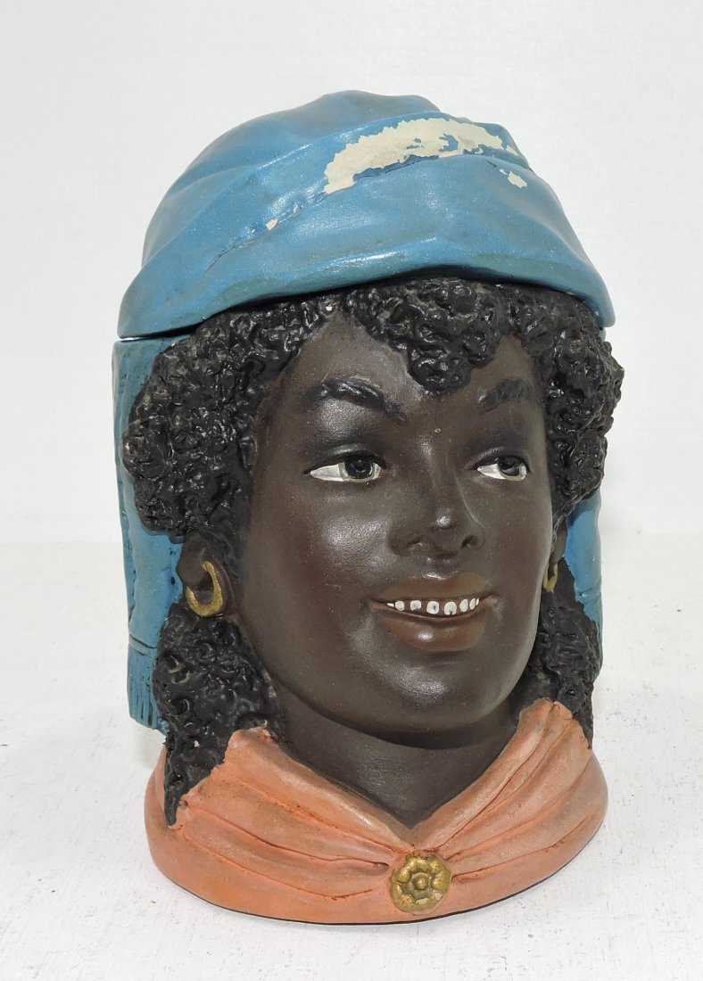 Black Americana terra cotta humidor: of lady, some paint loss, 6 1/2", signed BB