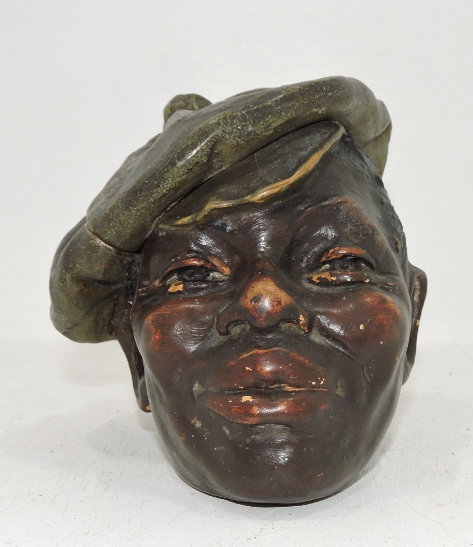 Black Americana terra cotta humidor: of man with hat, 5", signed J.M.