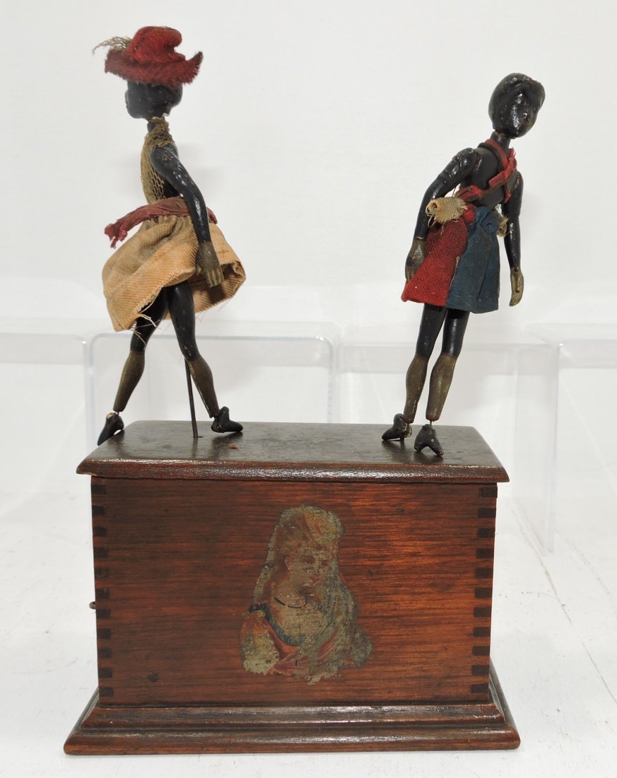 Black Americana rare folk art music box: with two dancers, works, dancers dance but doesn't have music