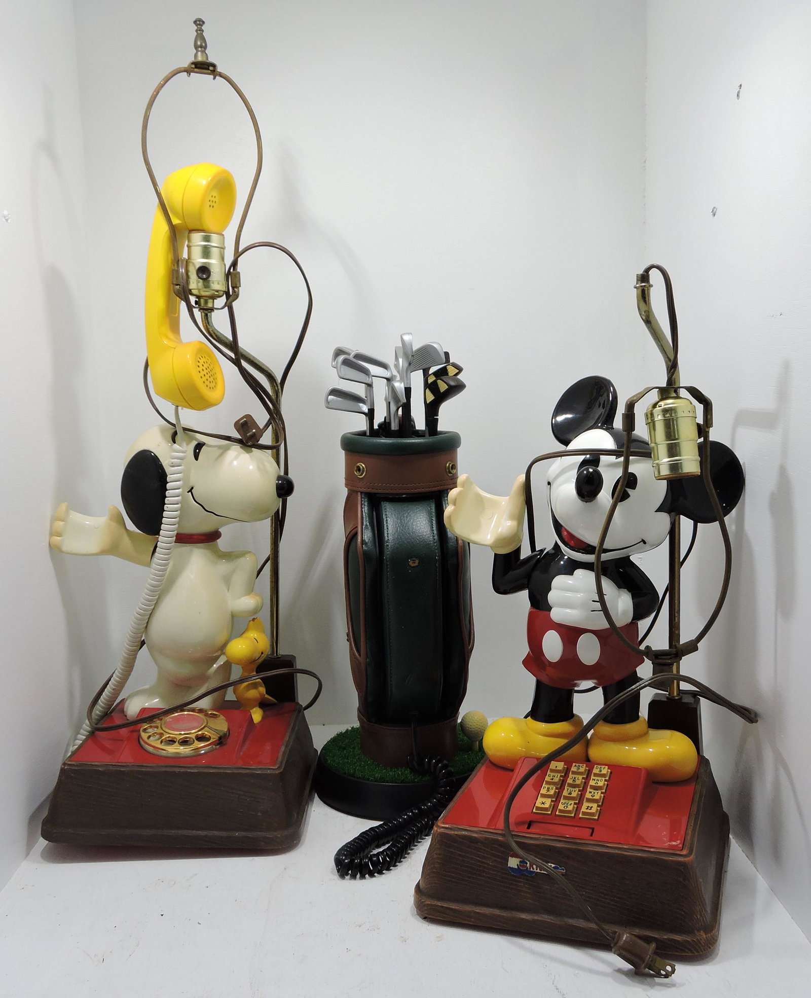 Lot of 3 novelty telephones: Snoopy,: Mickey, golf bag