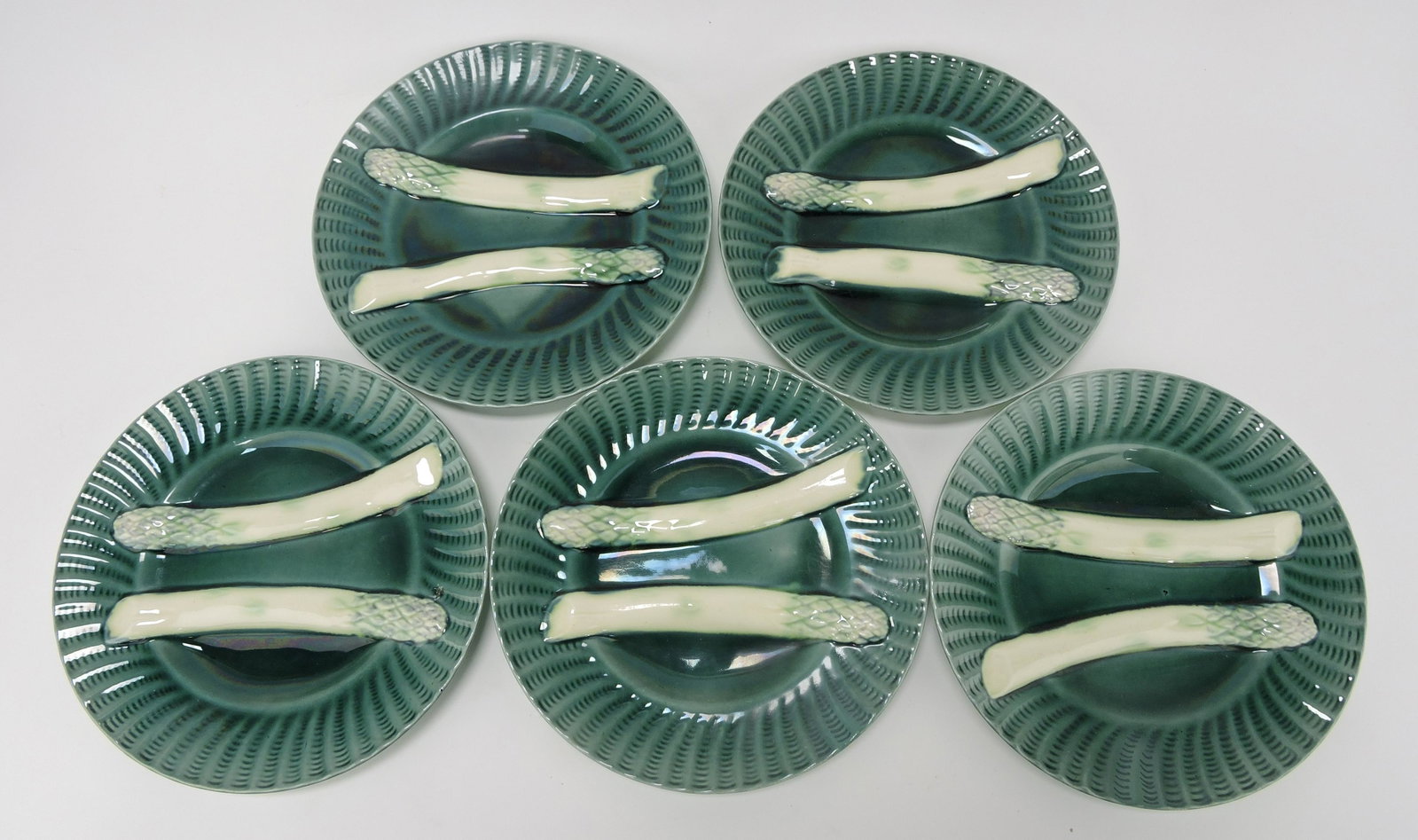 French majolica set of 5 asparagus: plates, 8 3/4"