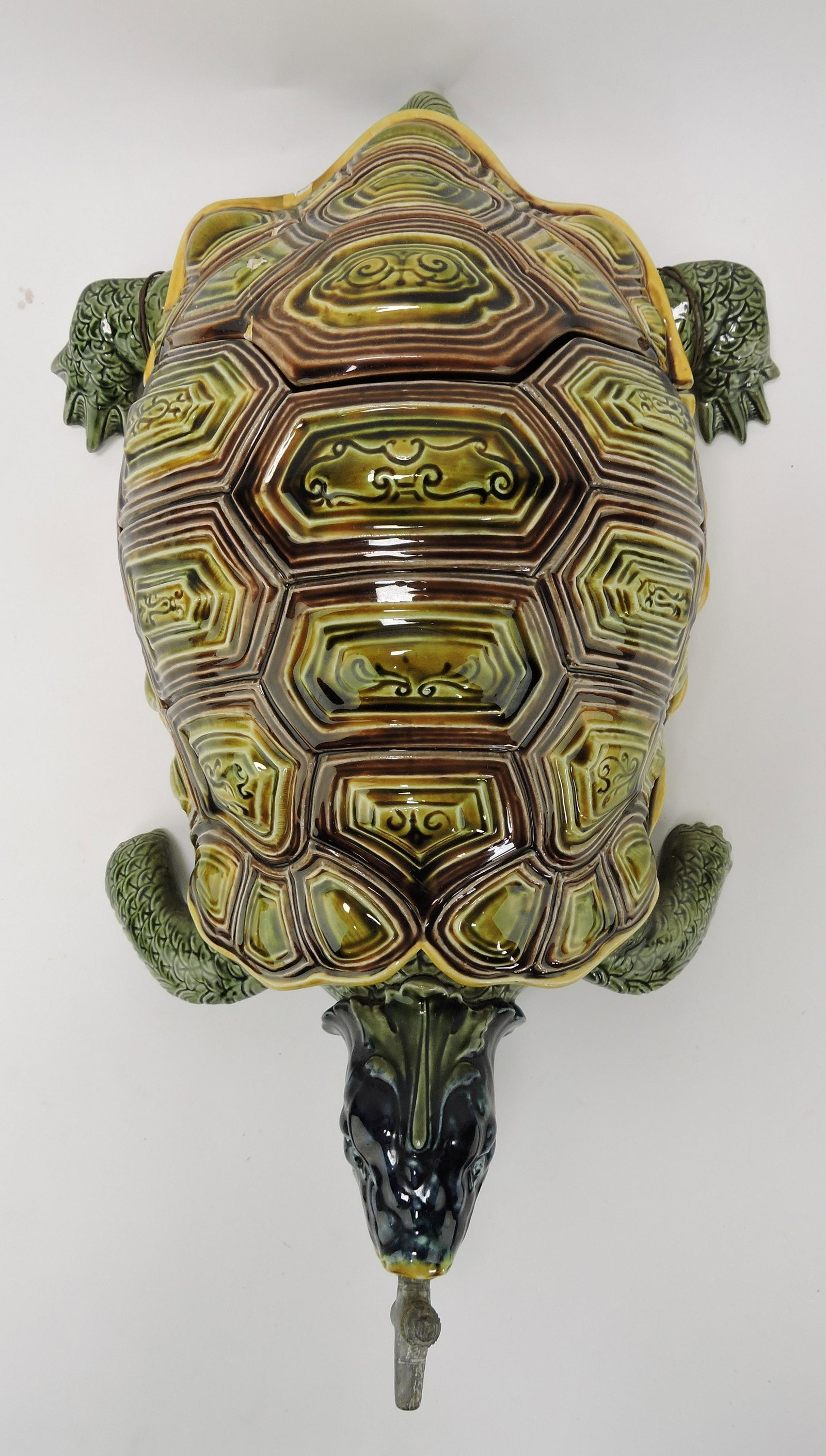 Sarreguemines majolica turtle lavabo,: 20", repairs to lid