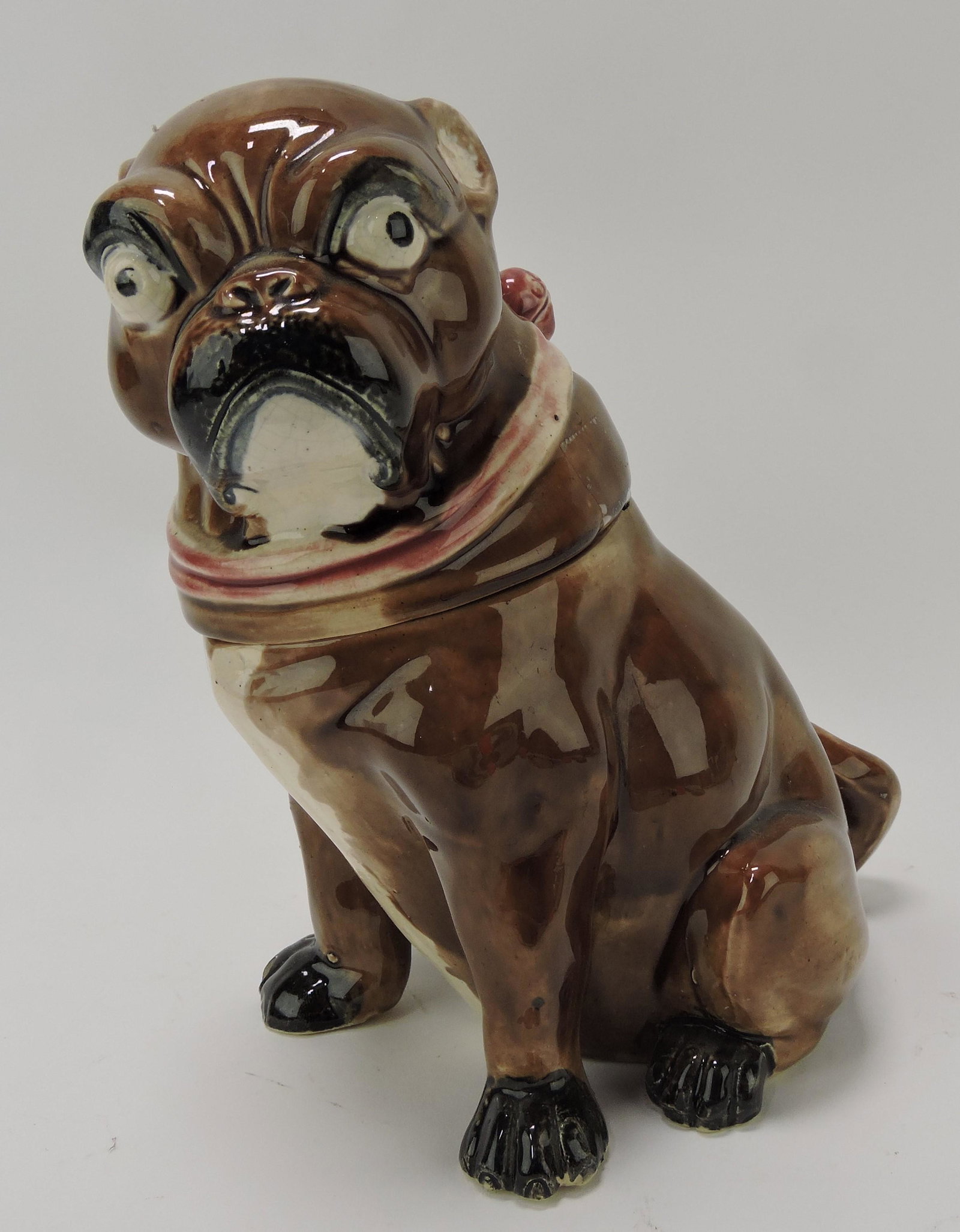 Majolica pug dog figural humidor, 8",: minor chip to rim of base