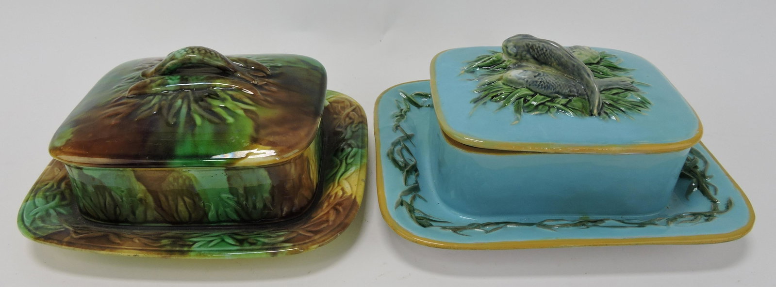 Majolica mottled sardine box and Minton: sardine box (repairs)
