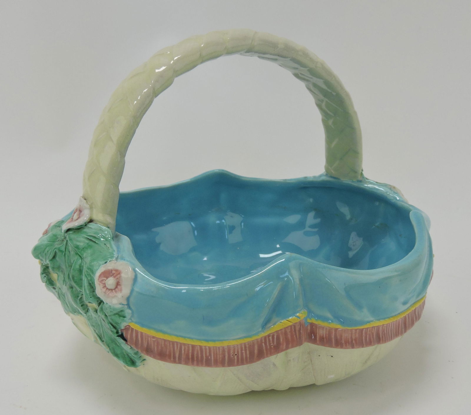Victoria Pottery Co (VPC) majolica: basket, 8 1/2"w, 6 1/2"h