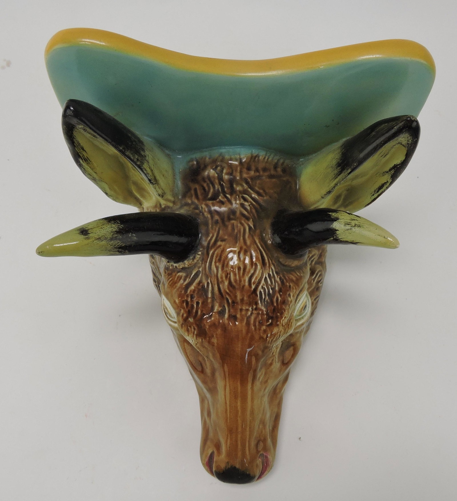 Majolica stag bracket shelf, 7 1/2"h,: 7"w, 7"d, professional repair to shelf and antler