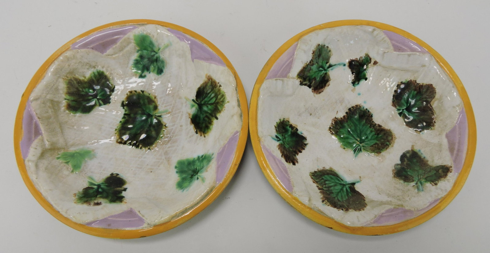 George Jones majolica pair of 5 1/2": strawberry and napkin sauce dishes