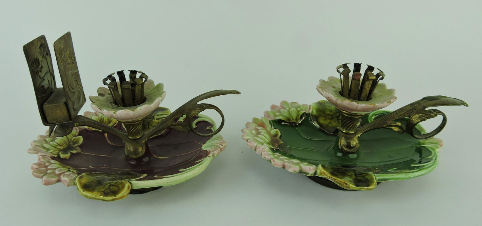 Majolica lot of 2 chamber candle: holders