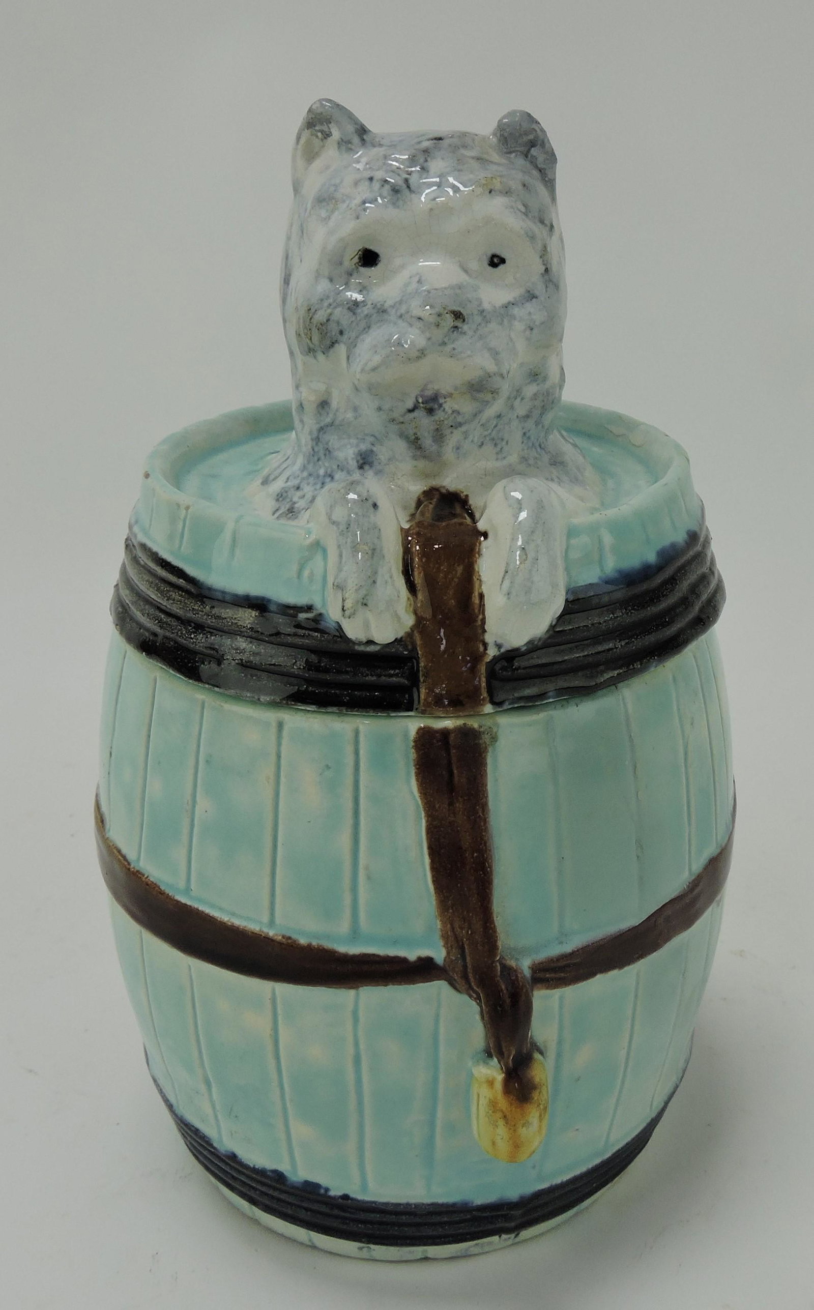Majolica dog in barrel humidor, 7": .