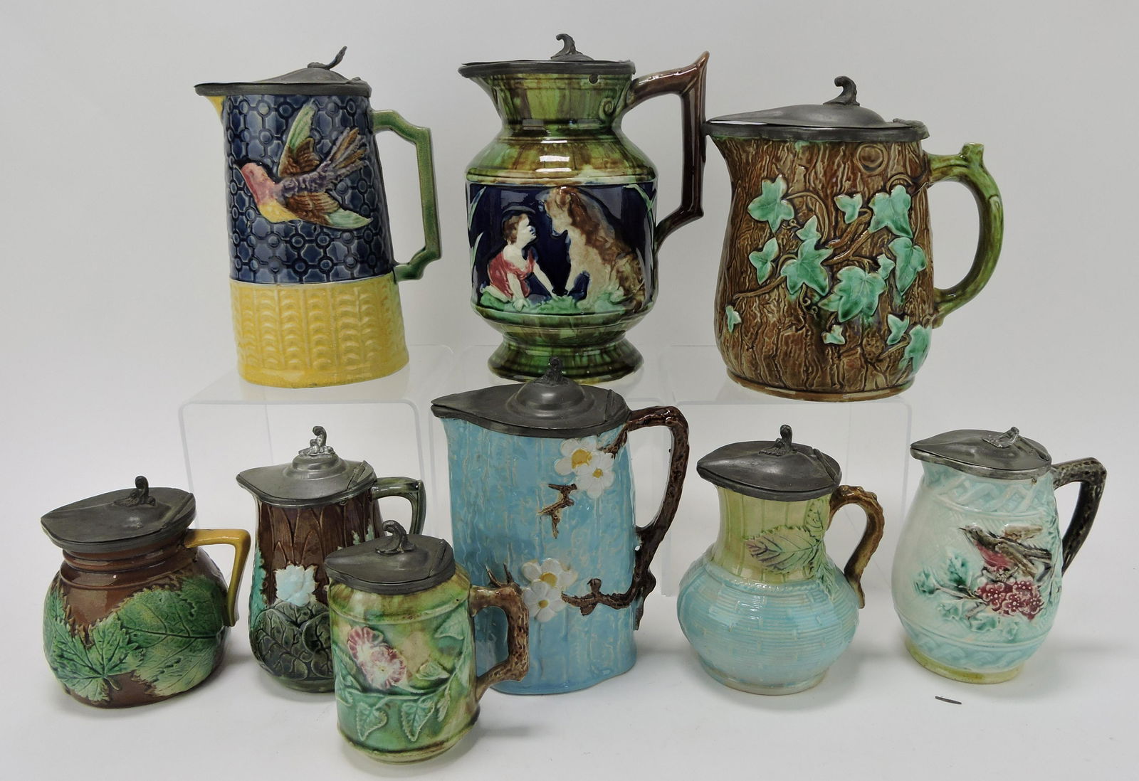 Majolica lot of 9 pewter topped syrup (1 of 1)