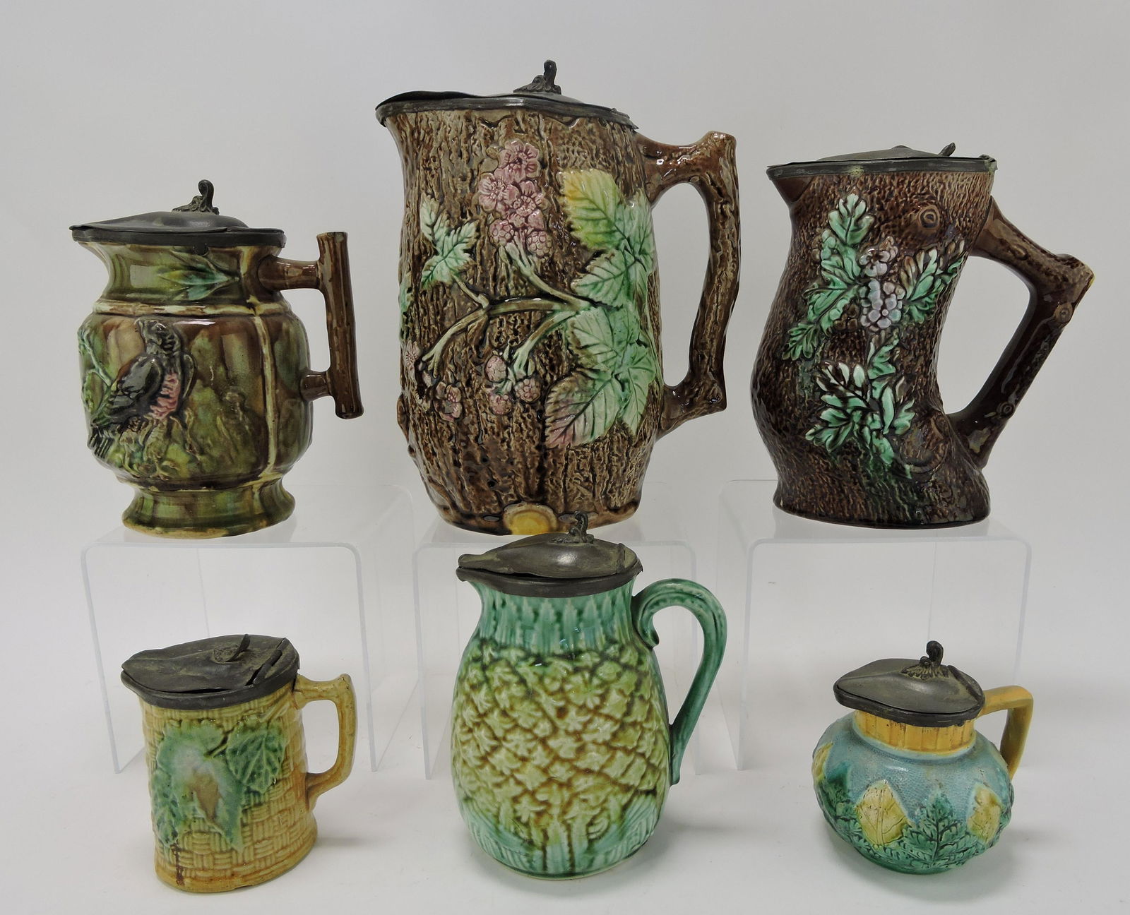 Majolica lot of 6 pewter topped syrup (1 of 1)