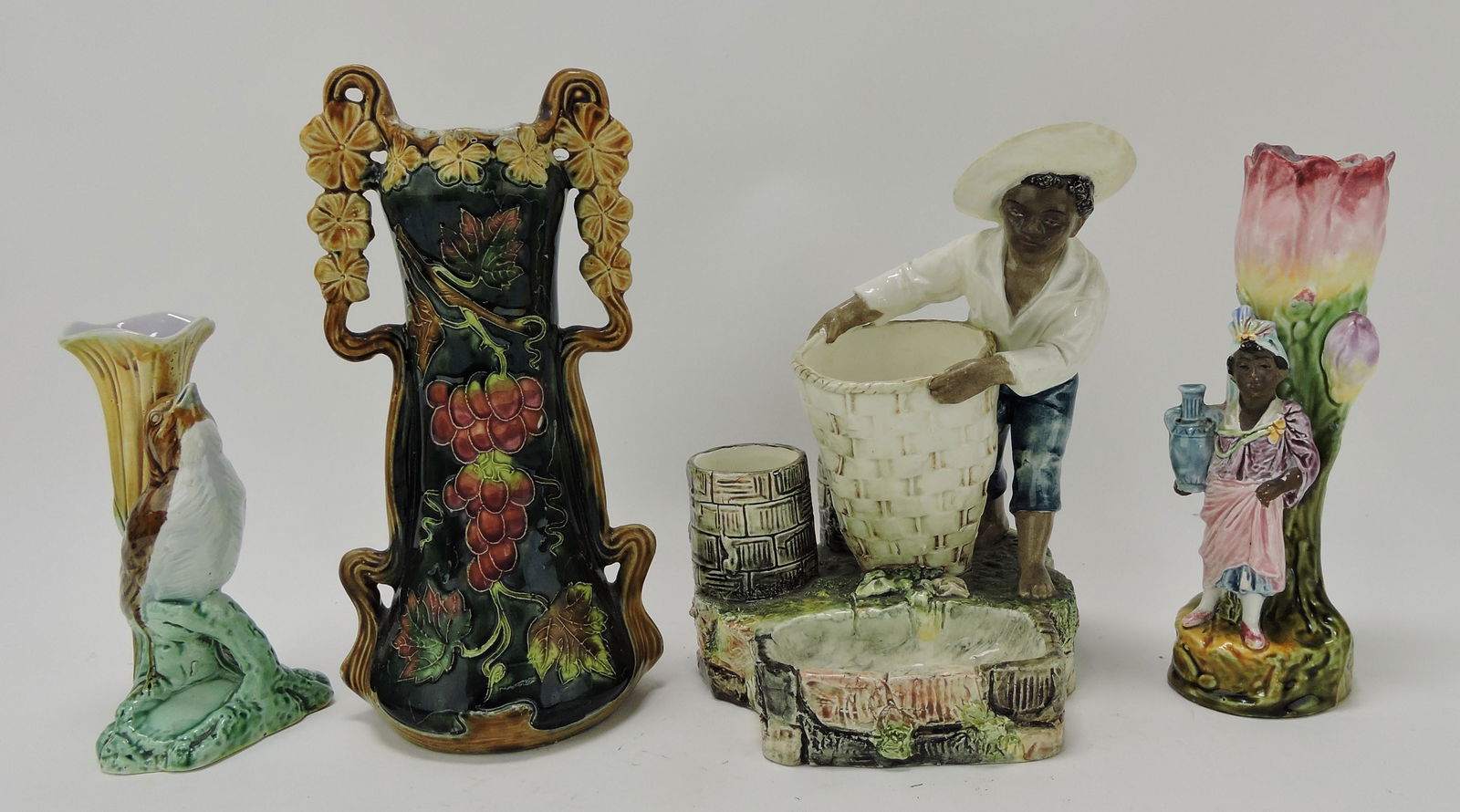 Majolica lot of 4 pieces - bird bud vase, (1 of 1)