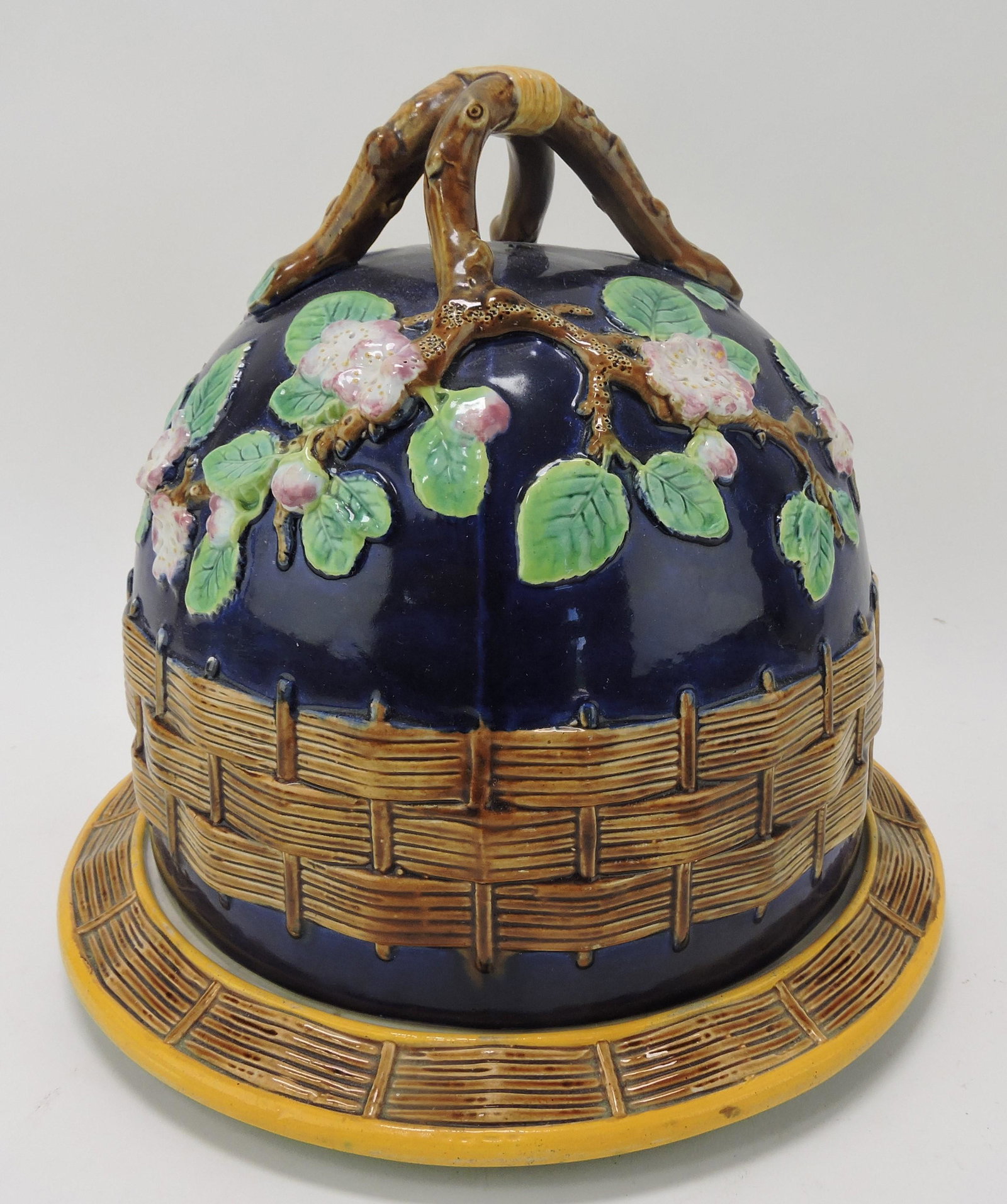 George Jones majolica cobalt apple: blossom cheese keeper, 10"h, 11 1/4"d