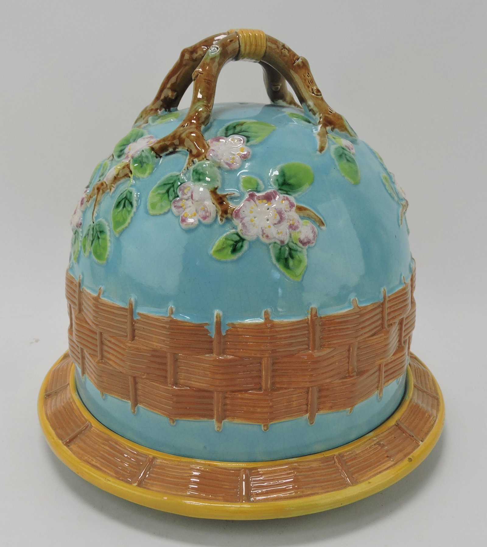 George Jones majolica turquoise: apple blossom cheese keeper, 10"h, 11 1/4"d, minor chip to base rim