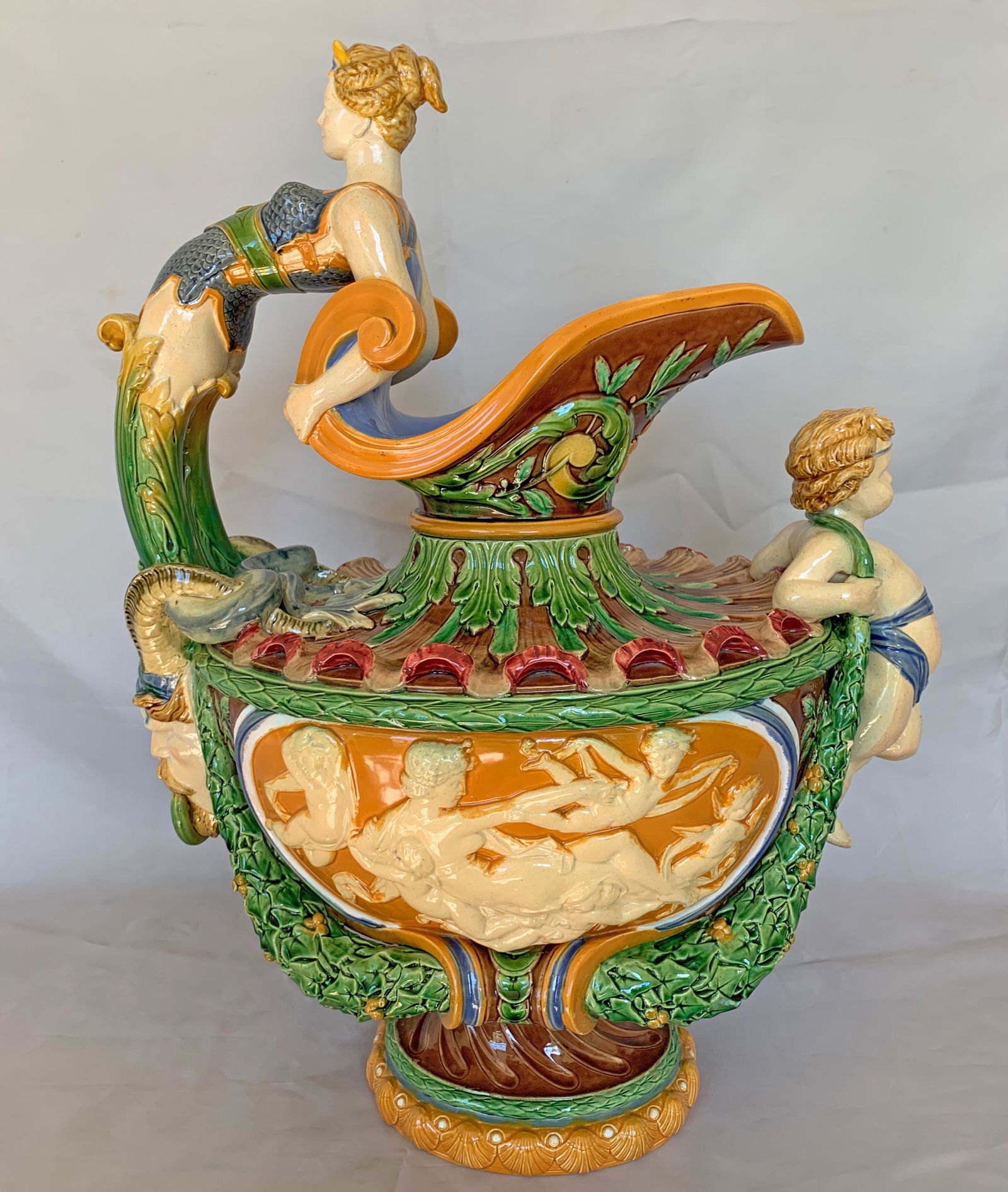 Monumental rare Minton majolica ewer, (1 of 8)