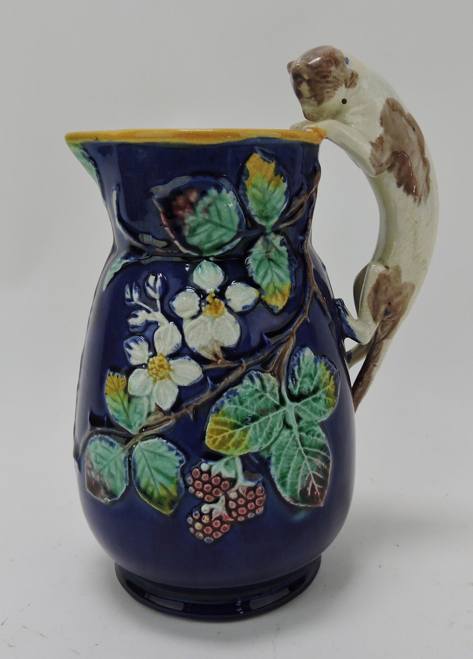 Majolica cobalt blackberry pitcher with: cat handle, 8"