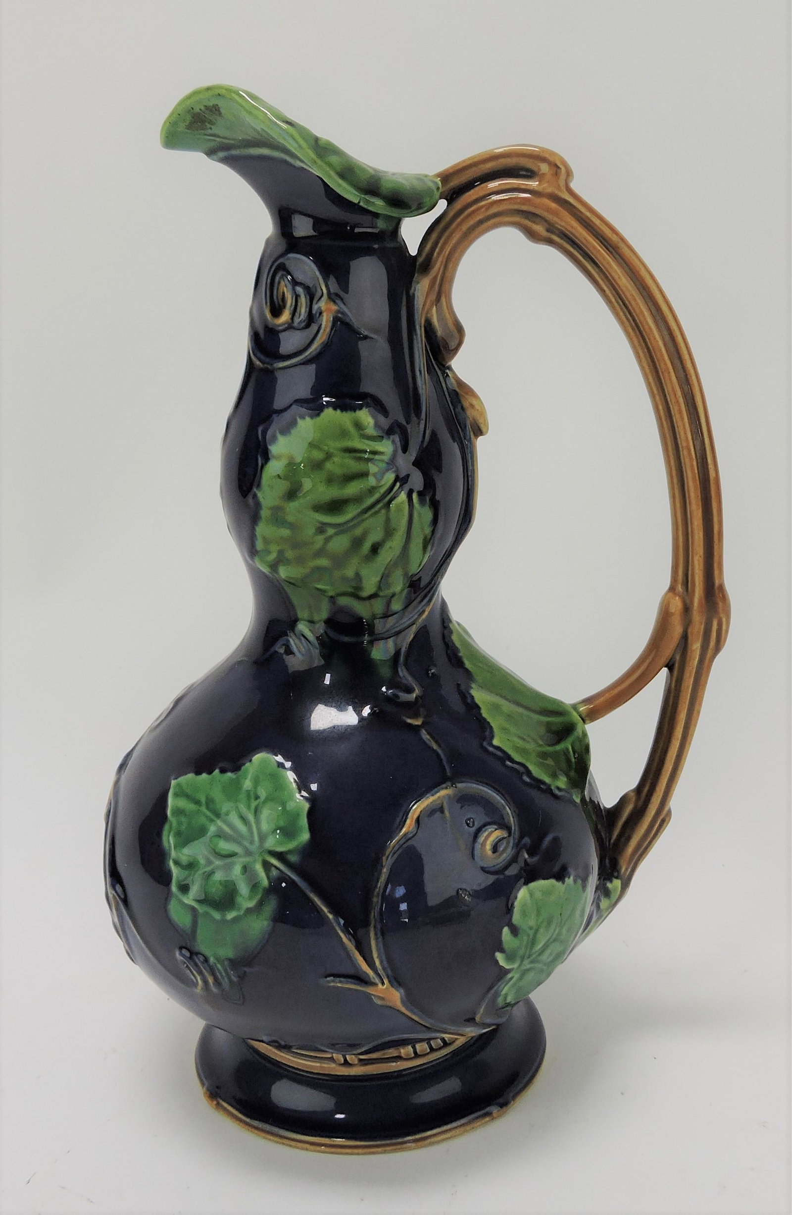 RARE newly discovered Minton: cobalt majolica ivy wine ewer with vine handle, 9"