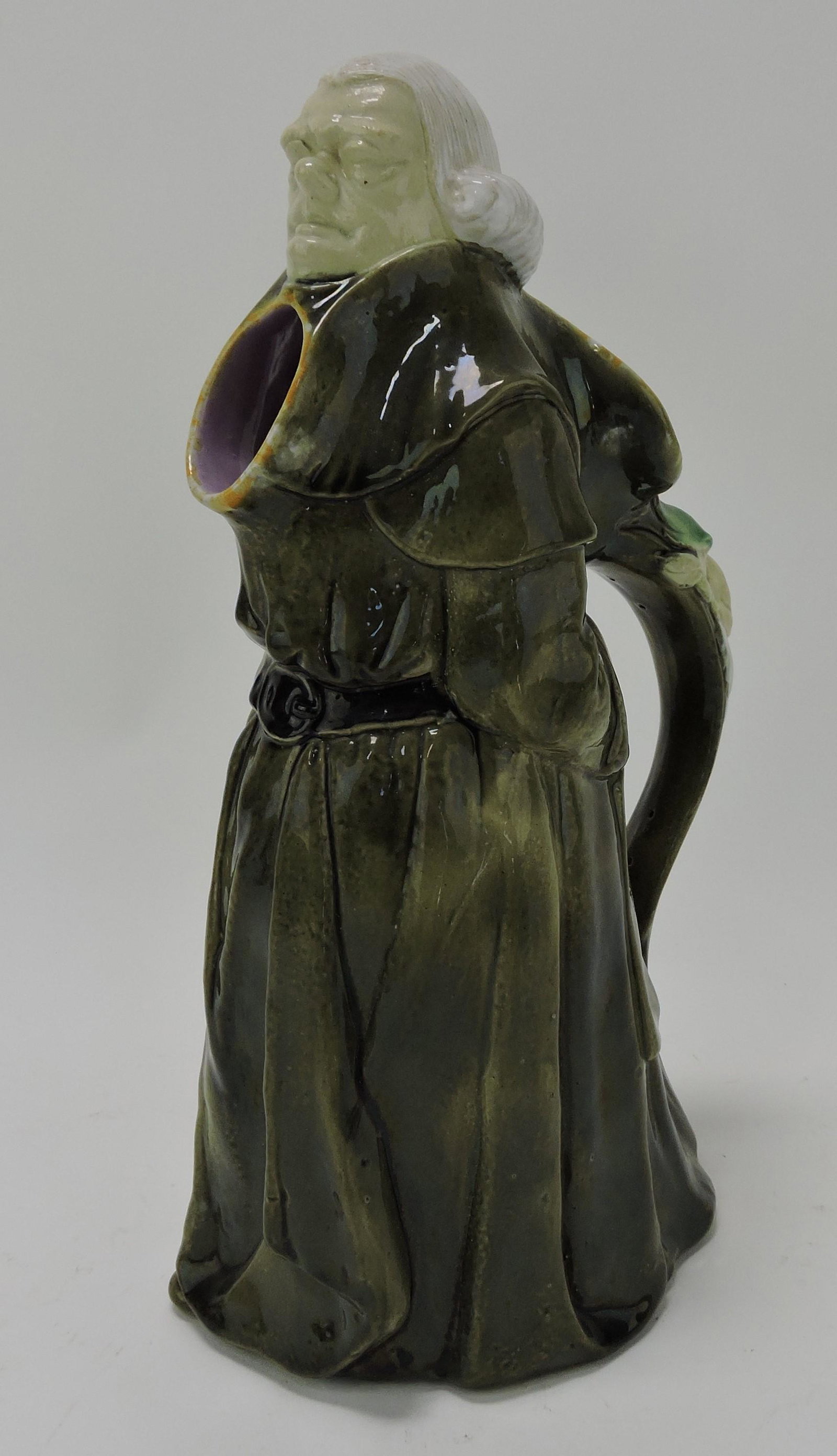 George Jones 'Barrister' figural: majolica pitcher, 11 1/2"