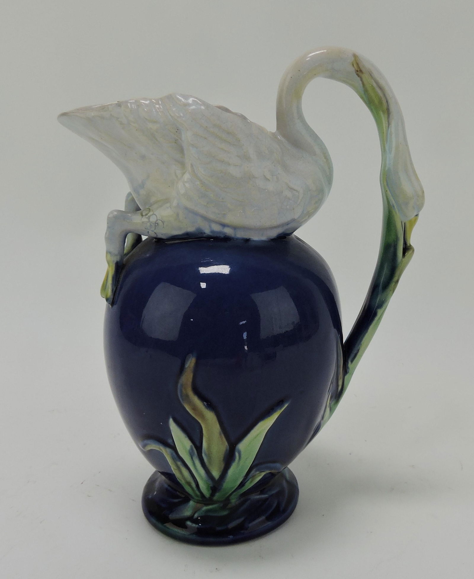 Bevington majolica cobalt pitcher with: swan top, 8"