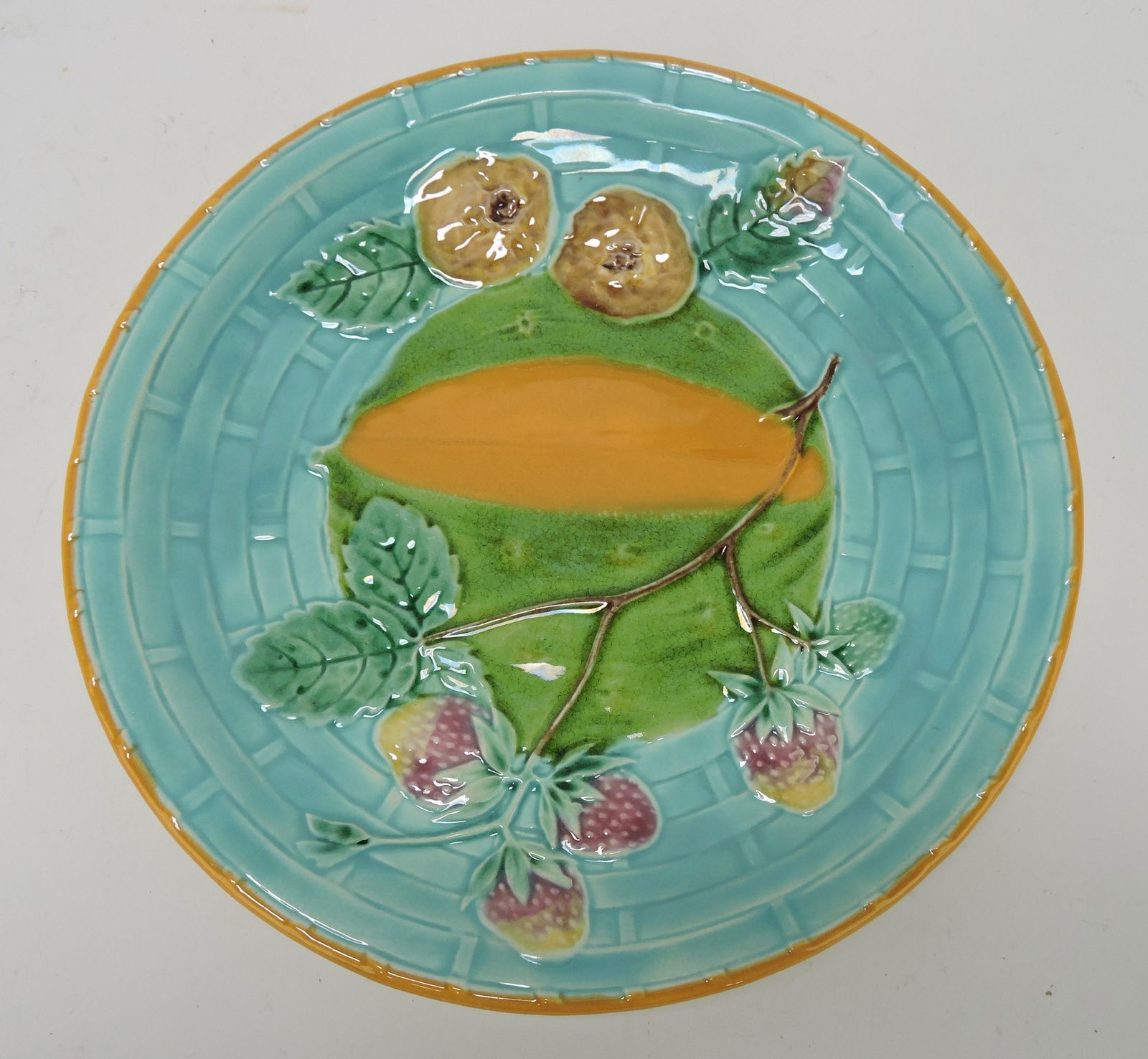 Wedgwood majolica fruit on wicker plate, (1 of 1)